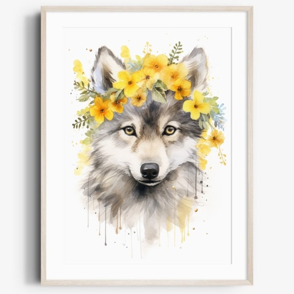 Watercolor Floral Wolf Portrait Wall Art Illustration Print Poster Unframed